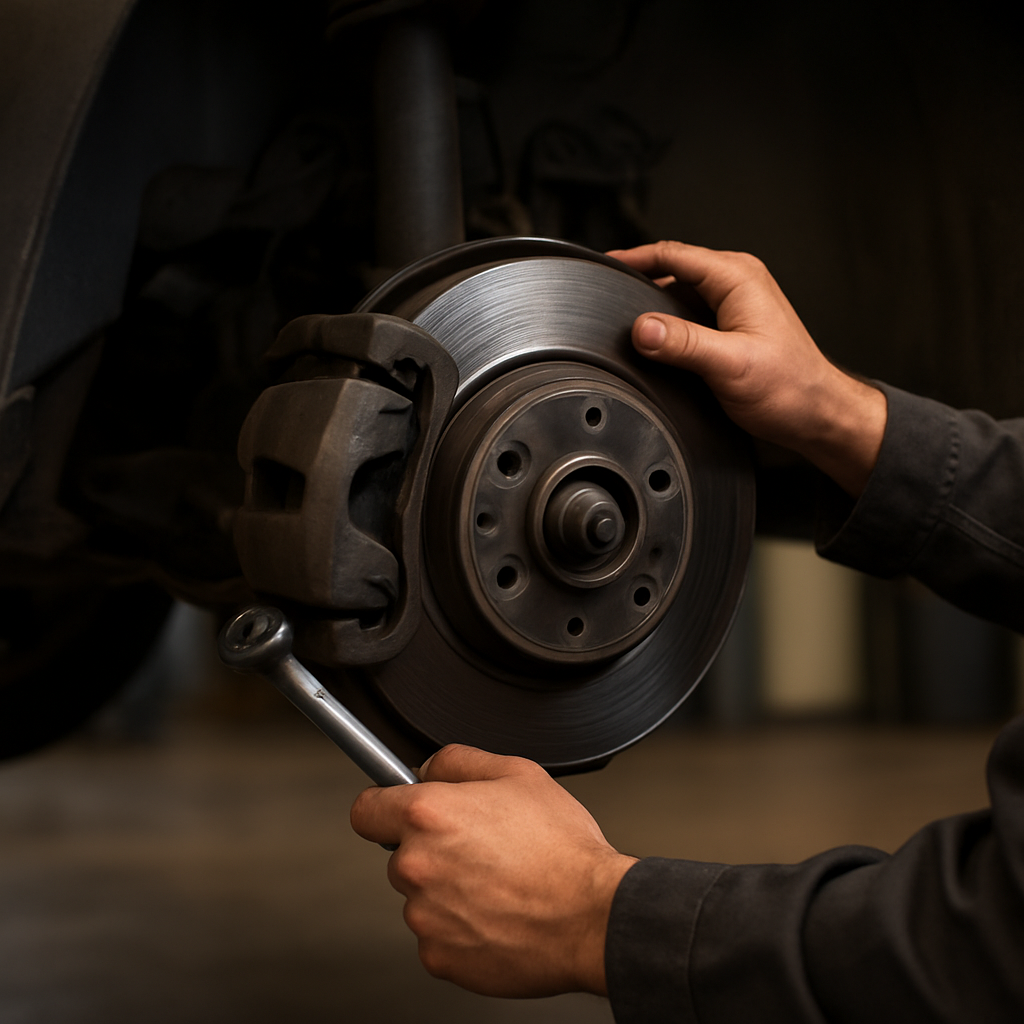 Brake components being serviced on a vehicle at PSM Workshop