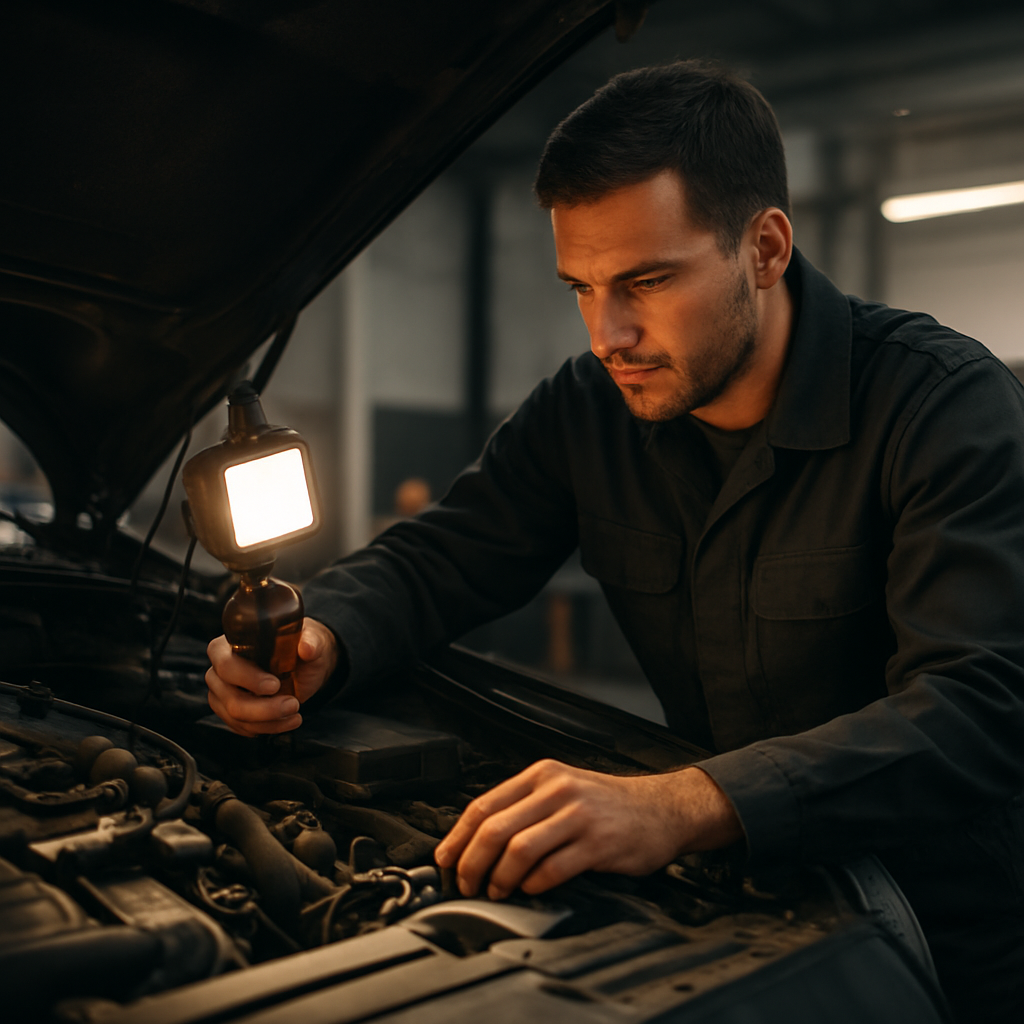 PSM mechanic inspecting an engine bay during a mechanical repair