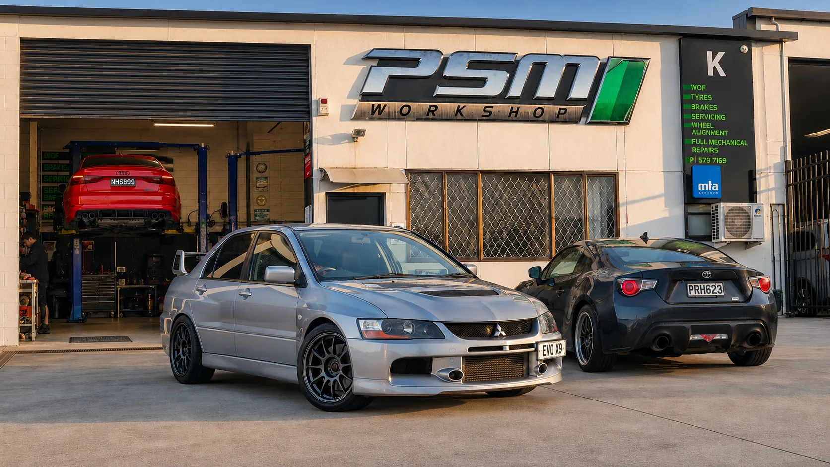 PSM Workshop exterior with Mitsubishi Evo IX, Toyota GT86 and Audi being serviced