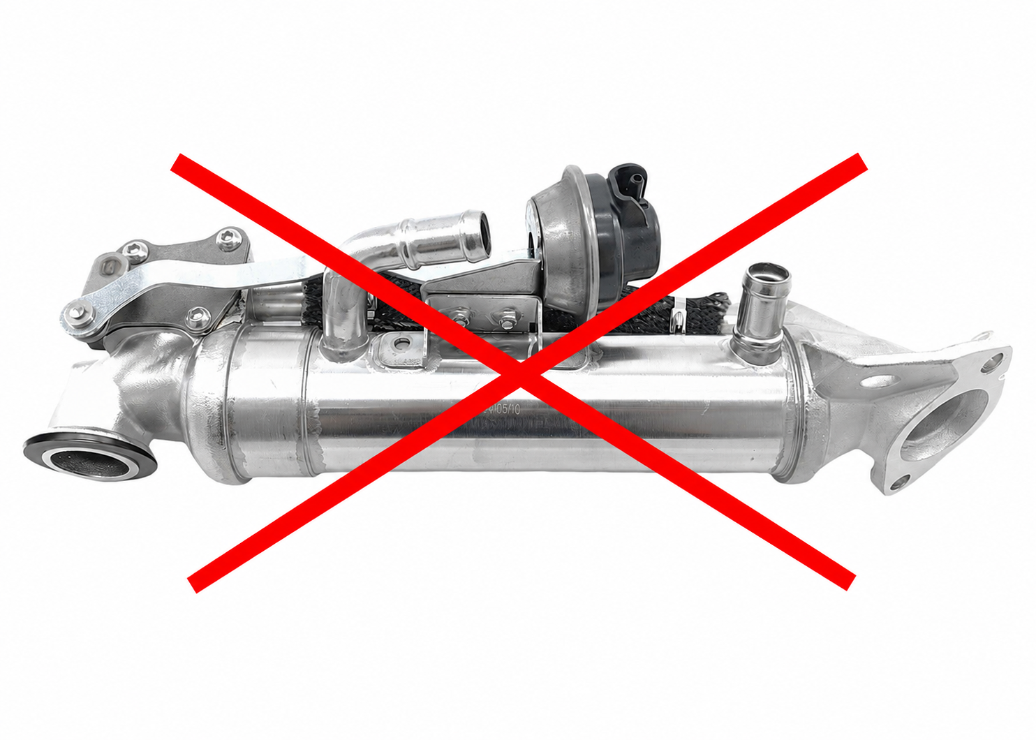 EGR cooler with a red X showing the delete or bypass concept