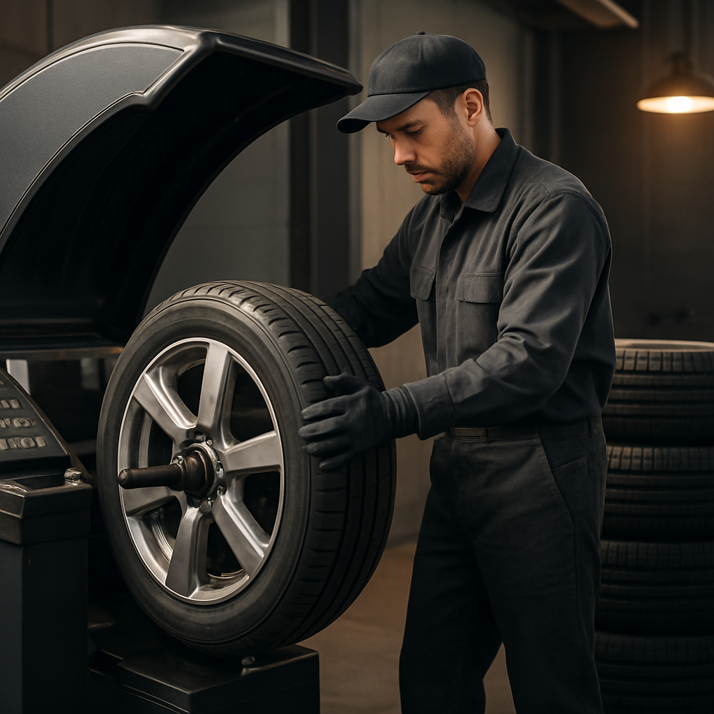 Tyre being fitted and balanced at PSM Workshop in Ellerslie