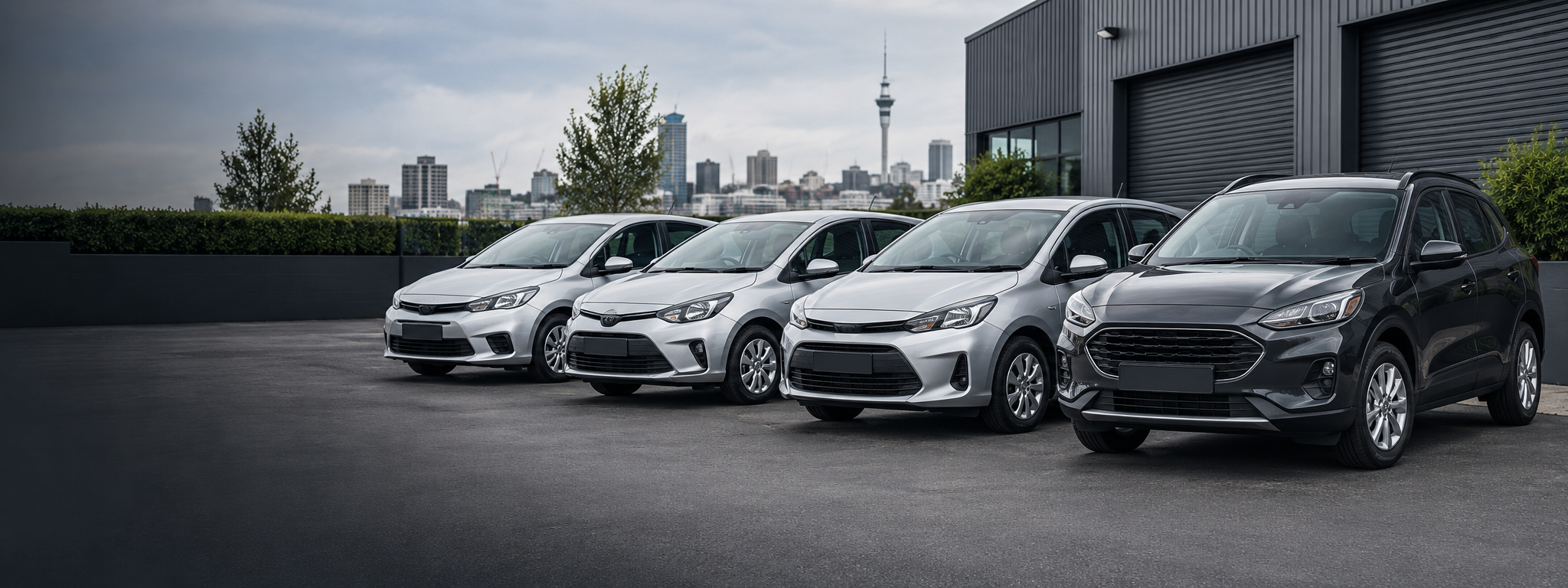 Row of generic compact hatchbacks and a compact crossover parked outside an Auckland workshop